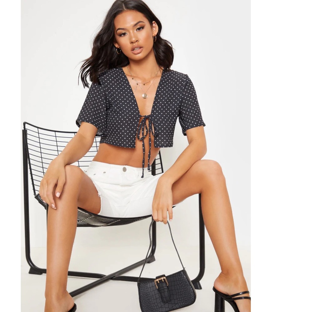 Black polka dot front tie shirt